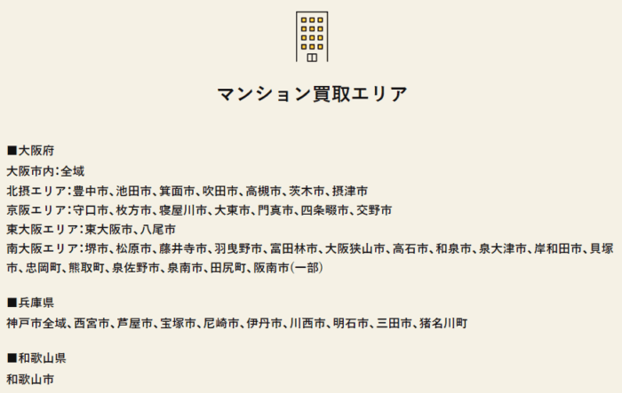 大阪・関西のマンション買取業者ランキング／1位フジ住宅マンションの買取エリア／■大阪府大阪市内：全域
北摂エリア：豊中市、池田市、箕面市、吹田市、高槻市、茨木市、摂津市京阪エリア：守口市、枚方市、寝屋川市、大東市、門真市、四条畷市、交野市東大阪エリア：東大阪市、八尾市南大阪エリア：堺市、松原市、藤井寺市、羽曳野市、富田林市、大阪狭山市、高石市、和泉市、泉大津市、岸和田市、貝塚市、忠岡町、熊取町、泉佐野市、泉南市、田尻町、阪南市(一部)
■兵庫県
神戸市全域、西宮市、芦屋市、宝塚市、尼崎市、伊丹市、川西市、明石市、三田市、猪名川町
■和歌山県
和歌山市