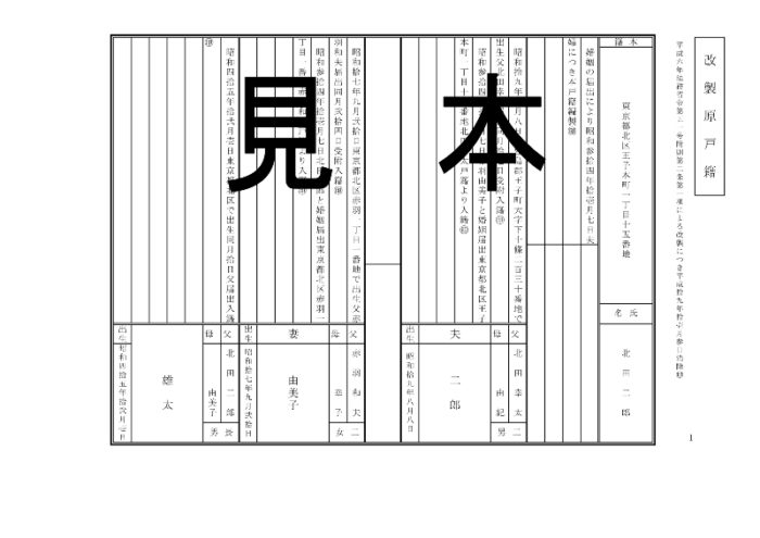 相続するマンション等の不動産売却に必要な書類｜被相続人の【戸籍謄本、除籍謄本、改製原戸籍謄本】｜平成6年の法務省令による改製原戸籍謄本の見本（出典：東京都北区）01
