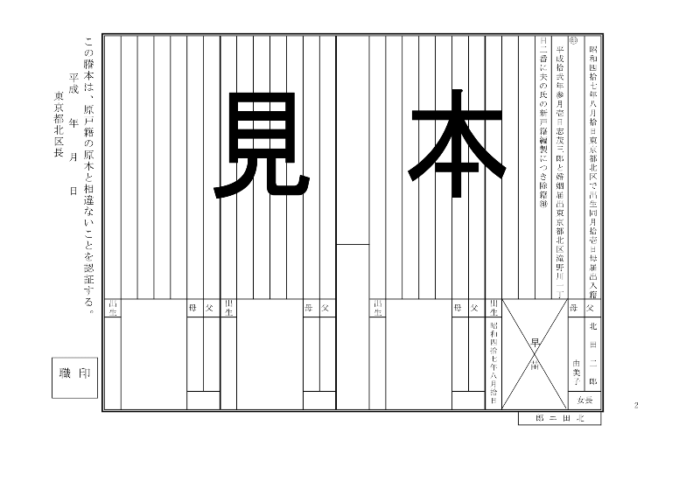 相続するマンション等の不動産売却に必要な書類｜被相続人の【戸籍謄本、除籍謄本、改製原戸籍謄本】｜平成6年の法務省令による改製原戸籍謄本の見本（出典：東京都北区）02